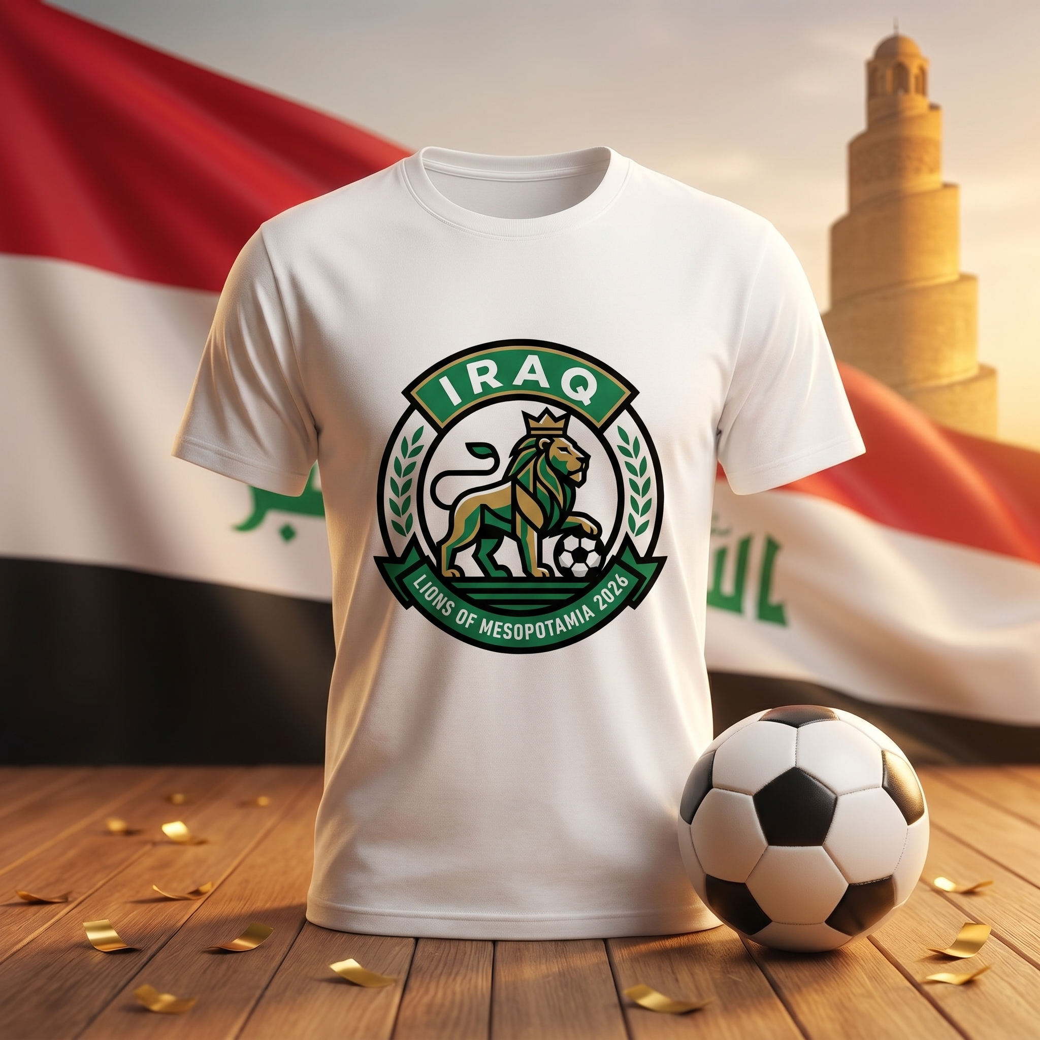 Iraq Soccer Fan T-Shirt — Vintage Lion of Babylon Crest | 2026 Supporters Tee