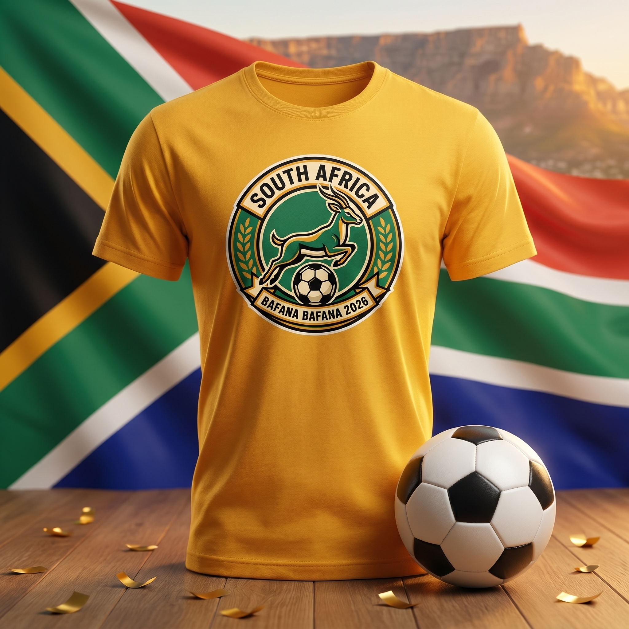 South Africa Soccer Fan T-Shirt 2026 — Green & Gold Crest Tee