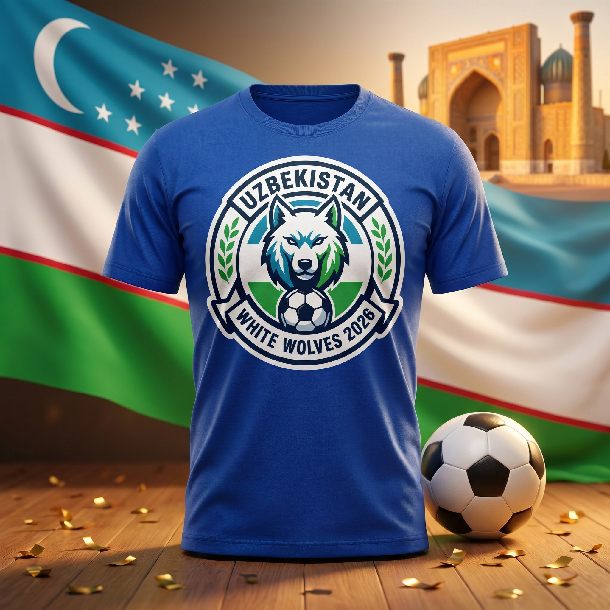 Uzbekistan Soccer Fan T-Shirt — Vintage White Wolf Crest | 2026 Supporters Tee